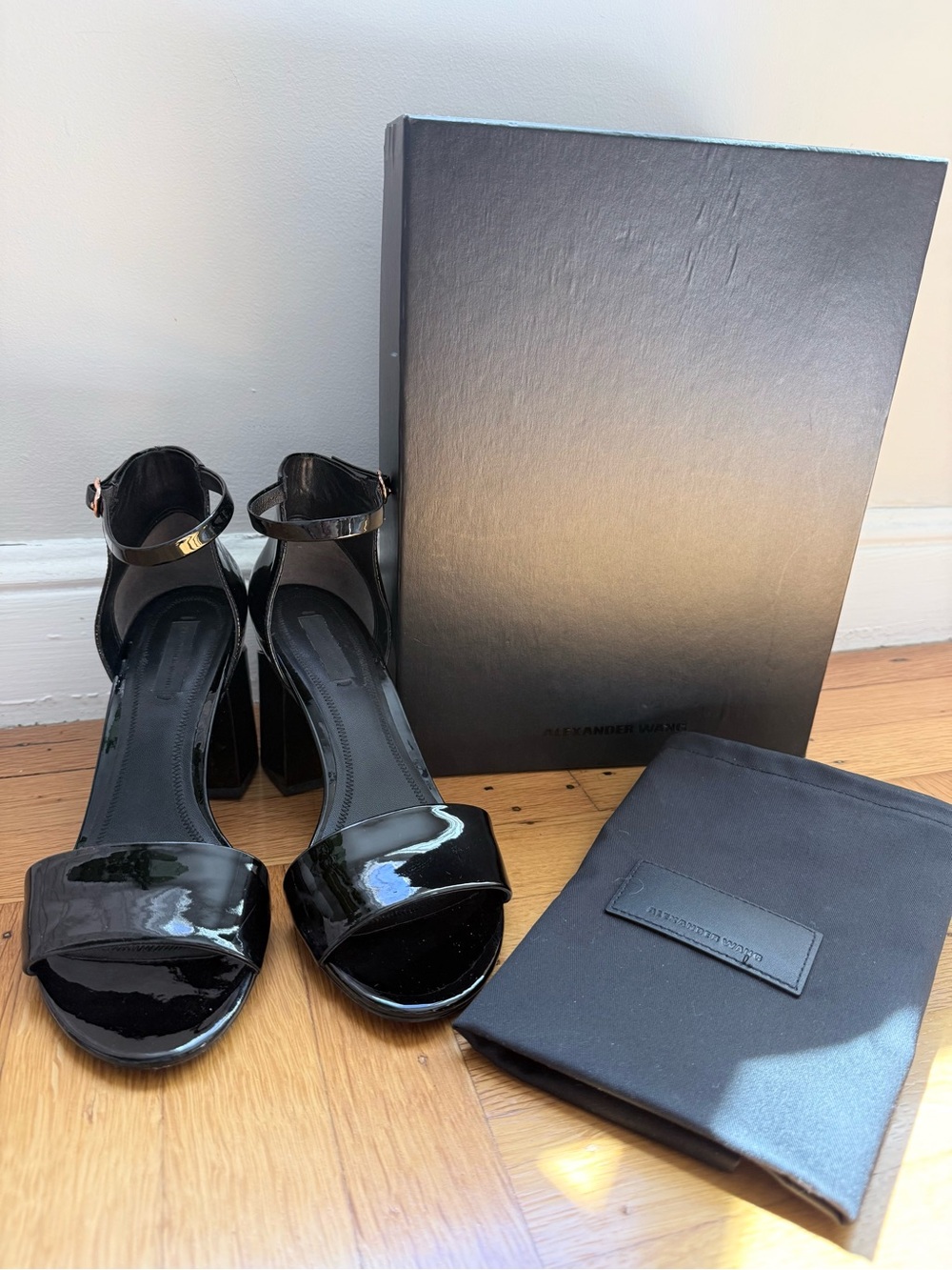 Alexander Wang Abby Black Patent Block Heel Sandals with Ankle Strap